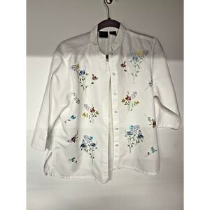 Erika Embroidered Linen Blend Floral Button Front Blouse, Women's Medium